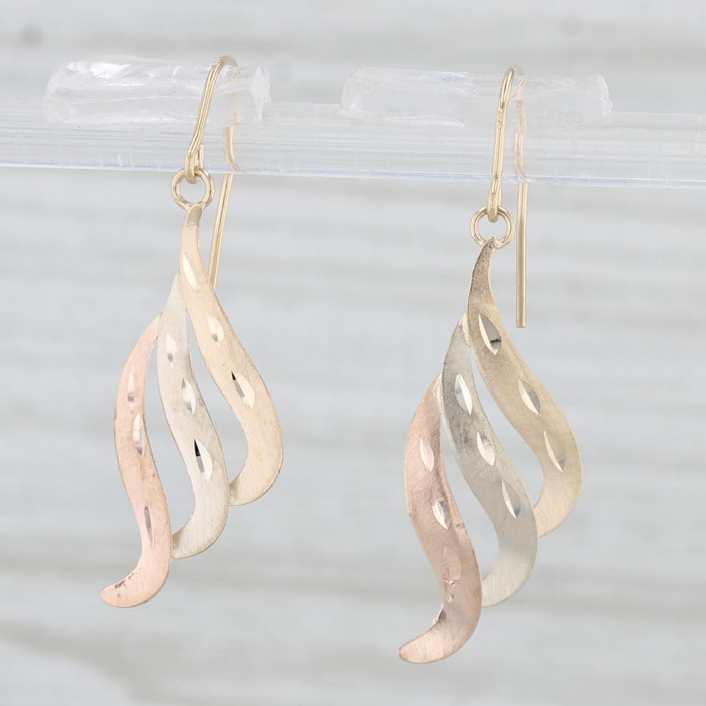 Light Gray Tri-toned Wing Dangle Earrings 14k Yellow White Rose Gold Hook Posts