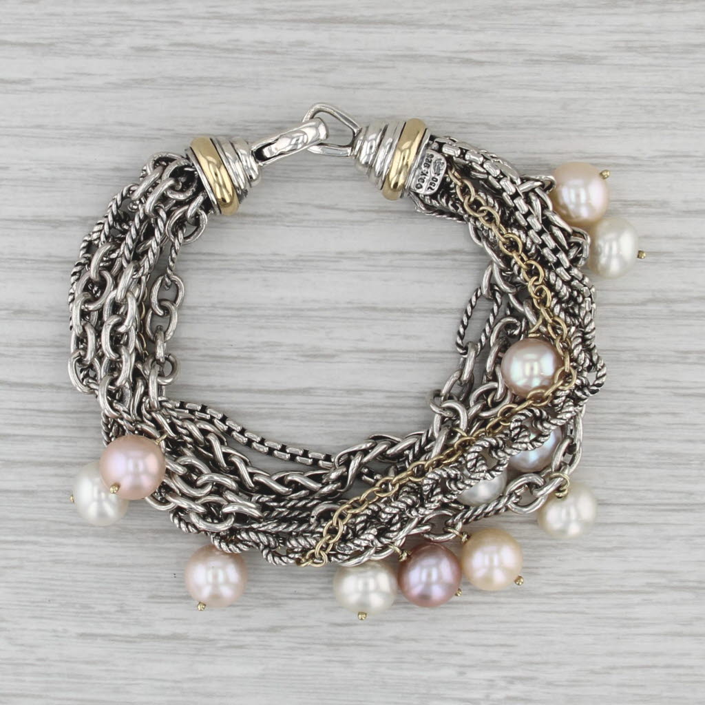 David Yurman Cultured Pearl Multichain Bracelet Sterling Silver 18k Gold 7"