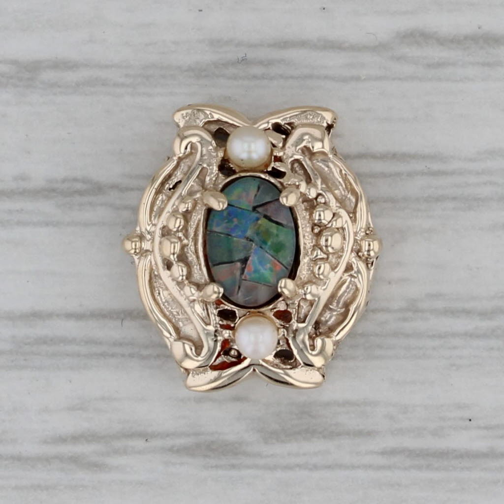 Dark Gray Mosaic Opal Doublet Pearl Slide Bracelet Charm Pendant 10k Yellow Gold