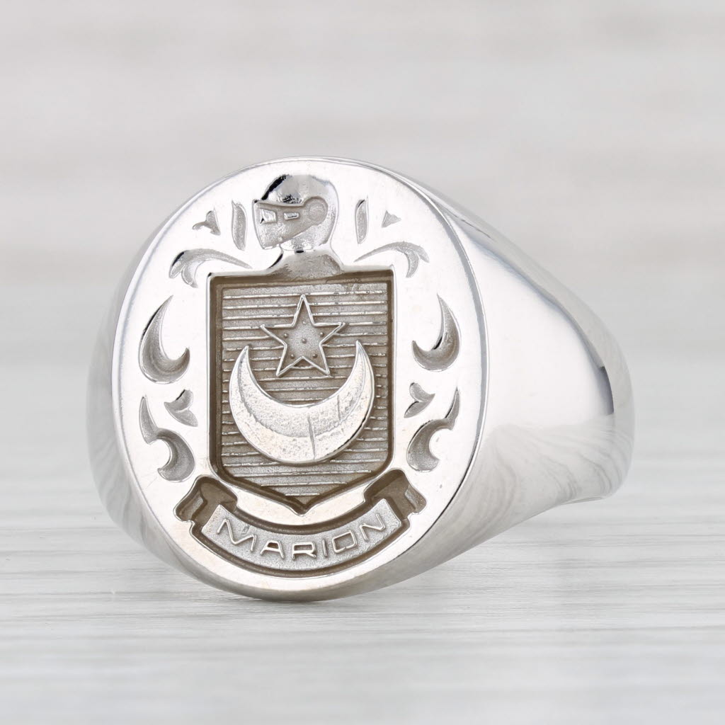 Light Gray Marion Coat of Arms Crest Ring 14k White Gold Size 12.75 Crescent Star Seal