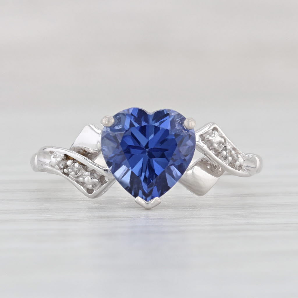 Light Gray 2.40ct Blue Lab Created Sapphire Heart Ring 10k Gold Size 7 Diamond Accents