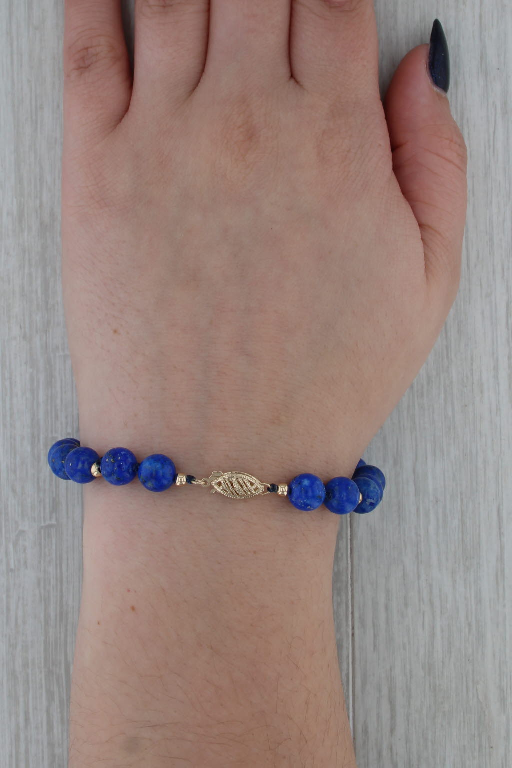 Blue Lapis Lazuli Bead Bracelet 14k Yellow Gold 7.25" 8mm