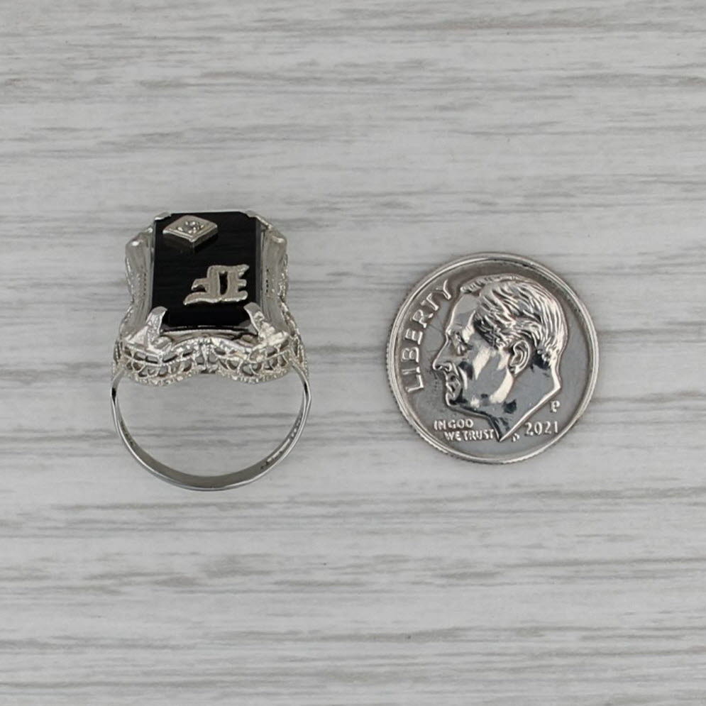 Vintage Onyx Diamond Letter Initial F Art Deco Ring 14k White Gold Size 5.25