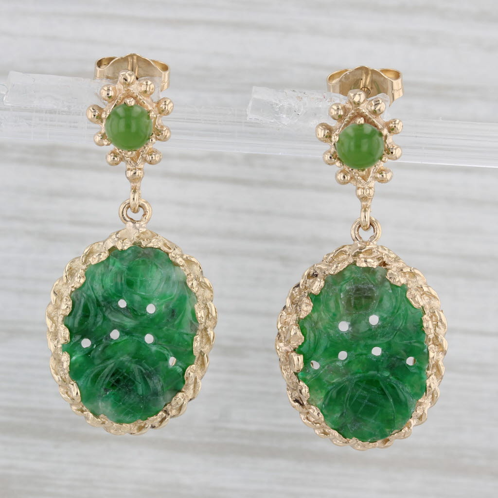 Gray Carved Scarab Green Jadeite Nephrite Jade Dangle Earrings 14k Yellow Gold