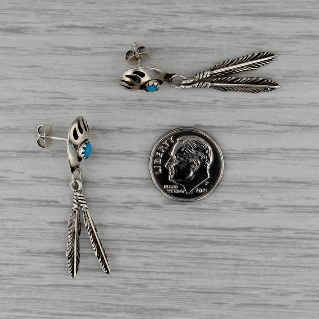 Vintage Southwestern Turquoise Bear Paw Feather Dangle Earrings Sterling Silver