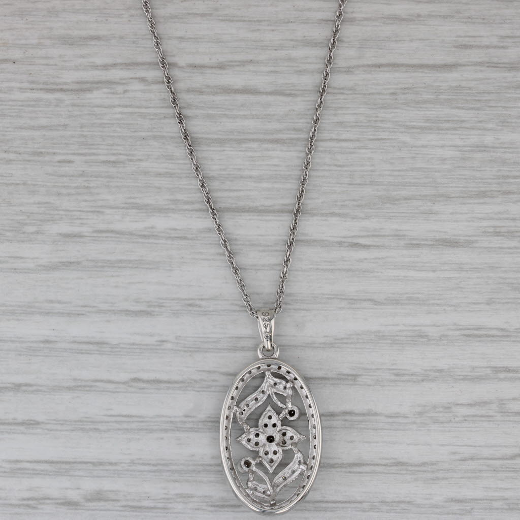 Dark Gray 0.20ctw Diamond Flower Pendant Necklace Sterling Silver 18" Rope Chain