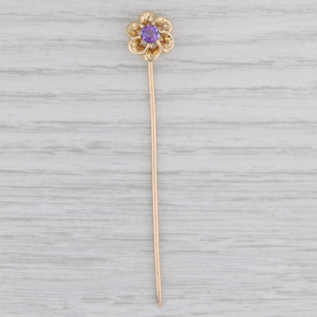 Light Gray Vintage 0.22ct Amethyst Flower Stickpin 14k Top 10k Pin Yellow Gold