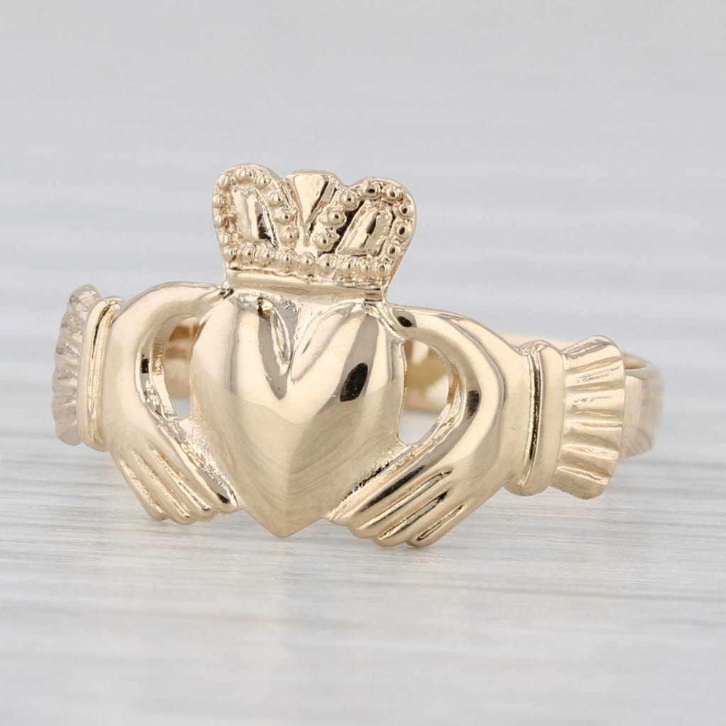 Light Gray Irish Claddagh Ring 14k Yellow Gold Size 5 Made in Ireland