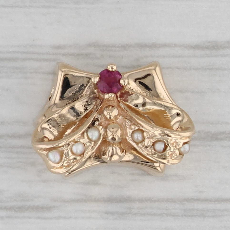 Gray Ruby Pearl Bow Slide Bracelet Charm 14k Yellow Gold Vintage