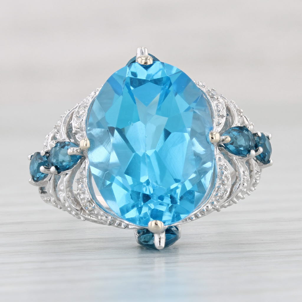 Light Gray 13.62ctw Blue Topaz Diamond Cocktail Ring 14k White Gold Size 8