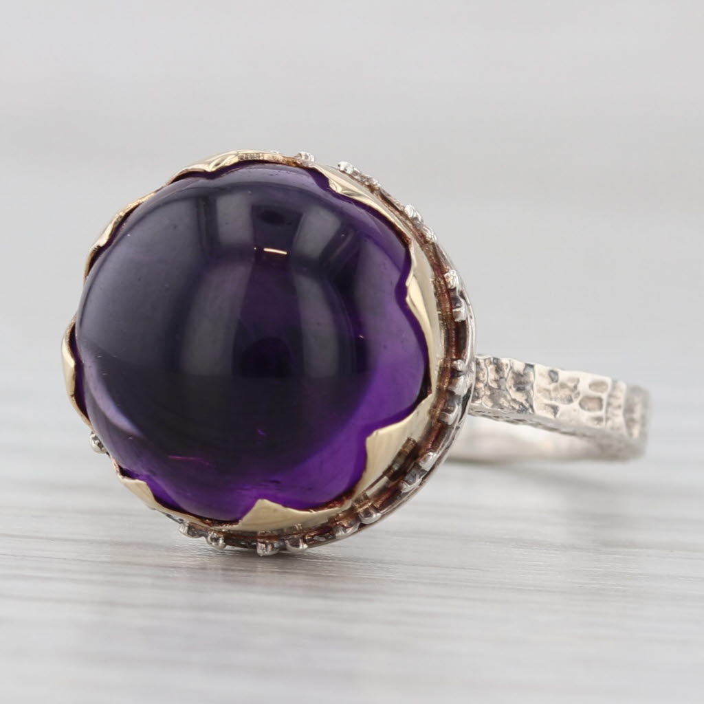 Light Gray Ornate Amethyst Cabochon Solitaire Ring Sterling Silver Gold Plating Size 5