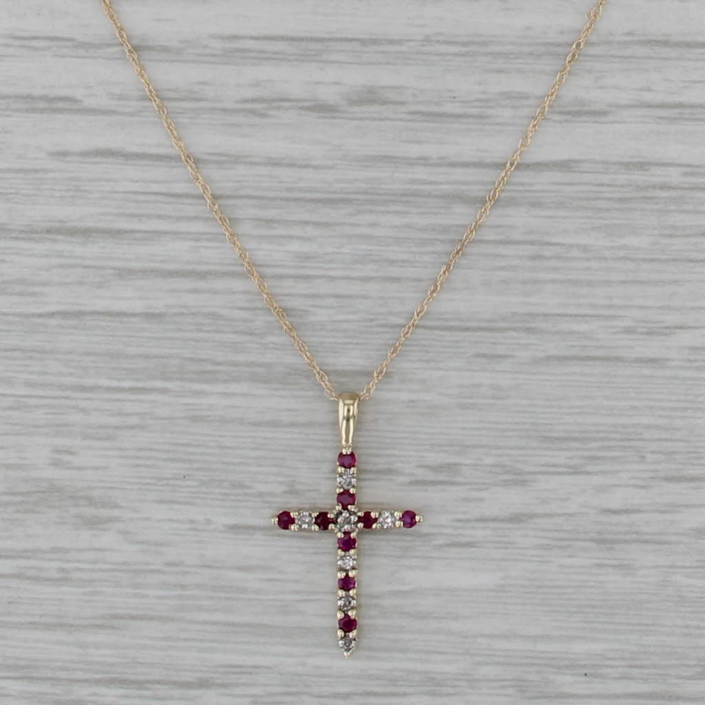 Ruby Diamond Cross Pendant Necklace 10k Yellow Gold 18.75" Rope Chain