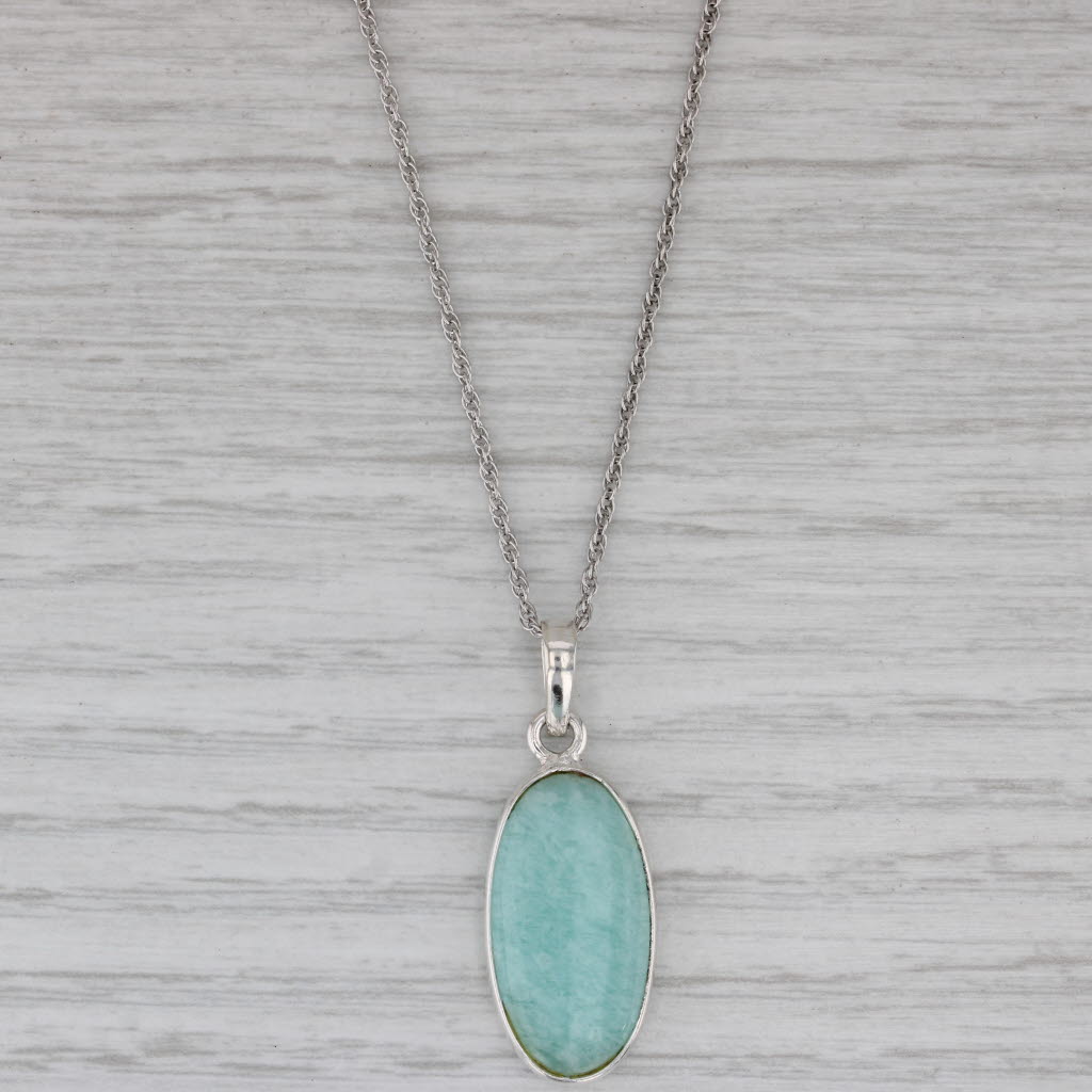 Gray Amazonite Oval Cabochon Pendant Necklace Sterling Silver 18" Rope Chain