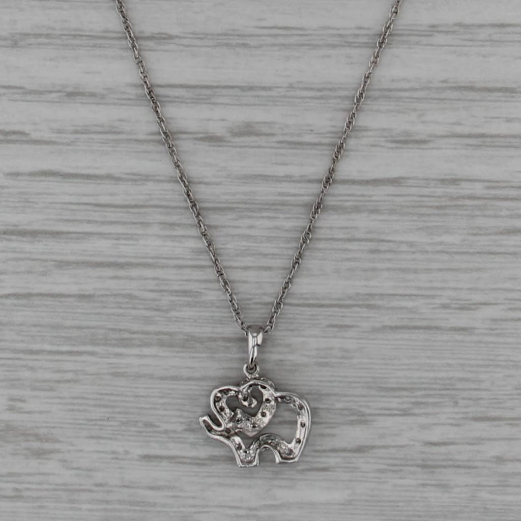 Diamond Openwork Elephant Heart Pendant 14k White Gold 18.25" Rope Chain