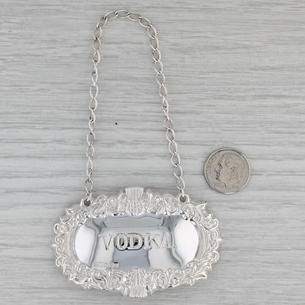 Vintage Vodka Decanter Bottle Tag Charm British Sterling Silver Barware Floral