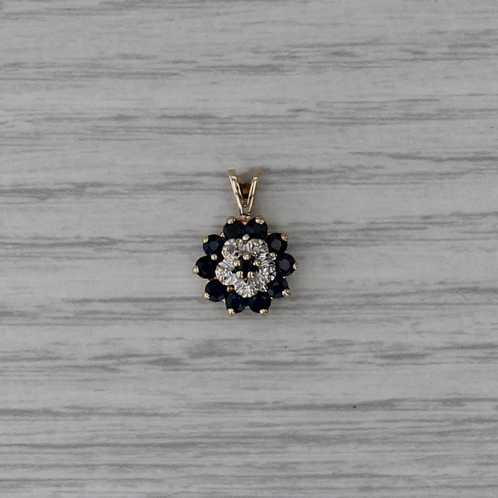 0.55ctw Blue Sapphire Flower Pendant 10k Yellow Gold Diamond Accents Small Drop