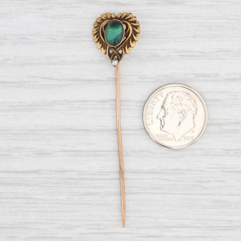 Light Gray Antique Green Malachite Pearl Heart Stickpin 10k Yellow Gold Pin