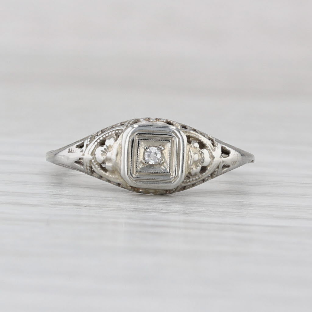 Art Deco Diamond Solitaire Filigree Engagement Ring 18k White Gold Size 5.75