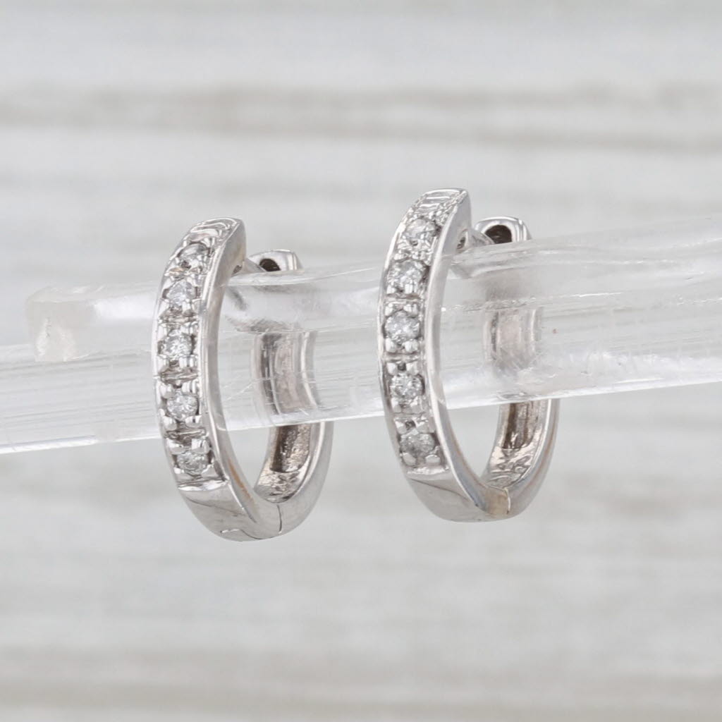0.10ctw Diamond Hoop Huggie Earrings 14k White Gold Hinged Snap Round Hoops
