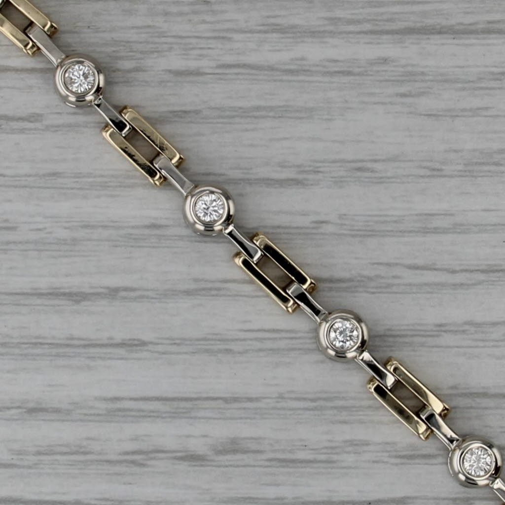1ctw Diamond Bar & Circle Link Bracelet 14k Yellow White Gold 6.75" 5.7mm