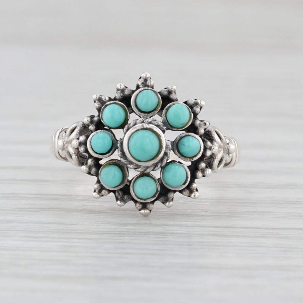 Imitation Turquoise Glass Flower Cluster Ring Sterling Silver Size 8