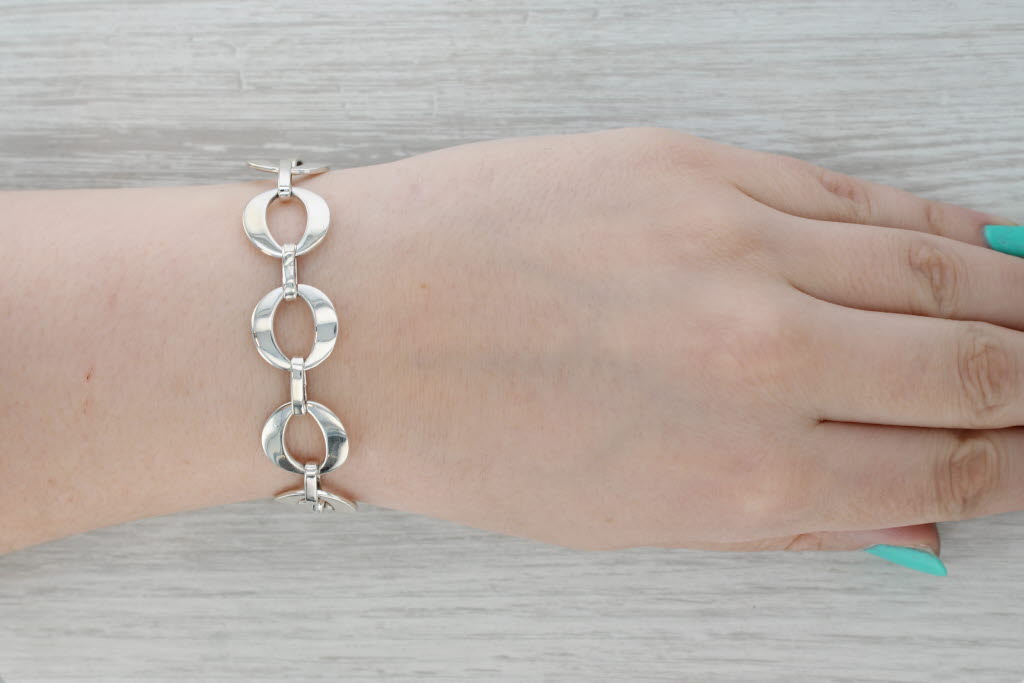 Dark Gray Circle Link Statement Bracelet Sterling Silver 7" 16mm