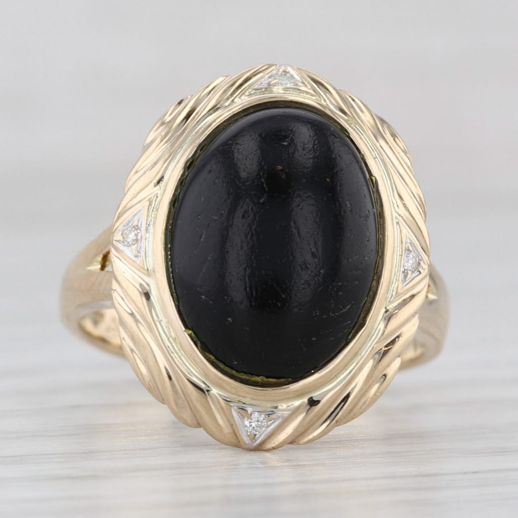 Light Gray Devitrified Glass Oval Cabochon Solitaire Ring 14k Yellow Gold Diamond Accents