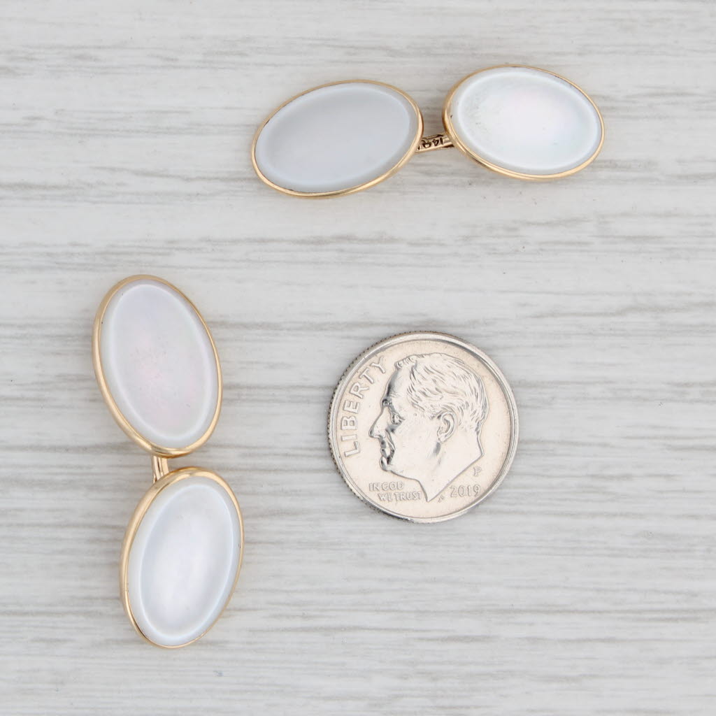 Light Gray Vintage Oval White Mother of Pearl Cufflinks 14k Yellow Gold Larter & Sons