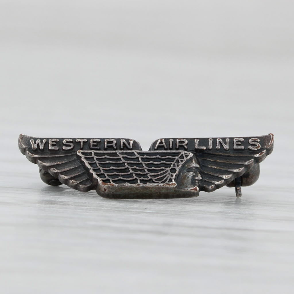 Light Gray Vintage Western Airlines Company Service Award Pin Winged Indian Bust Logo