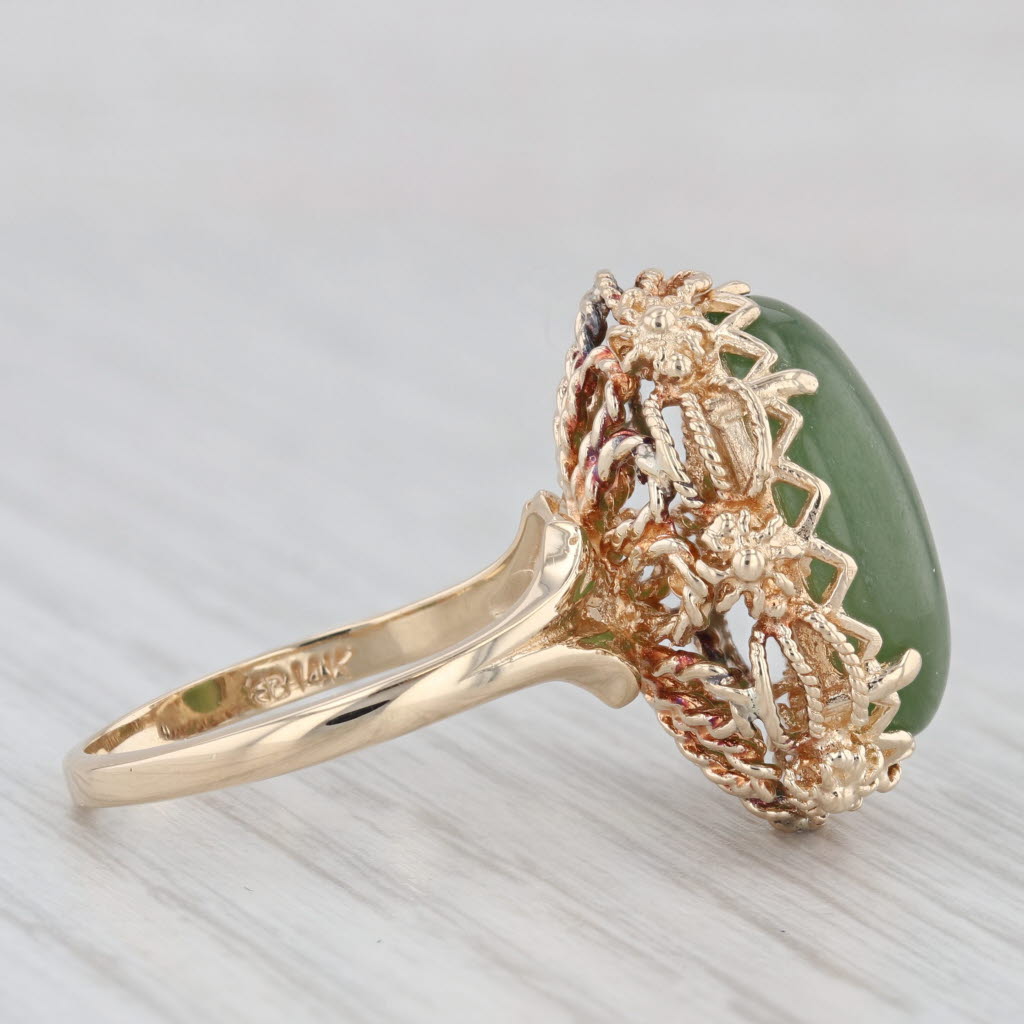 Light Gray Green Nephrite Jade Ring 14k Yellow Gold Oval Cabochon Size 7.5 Ornate Filigree