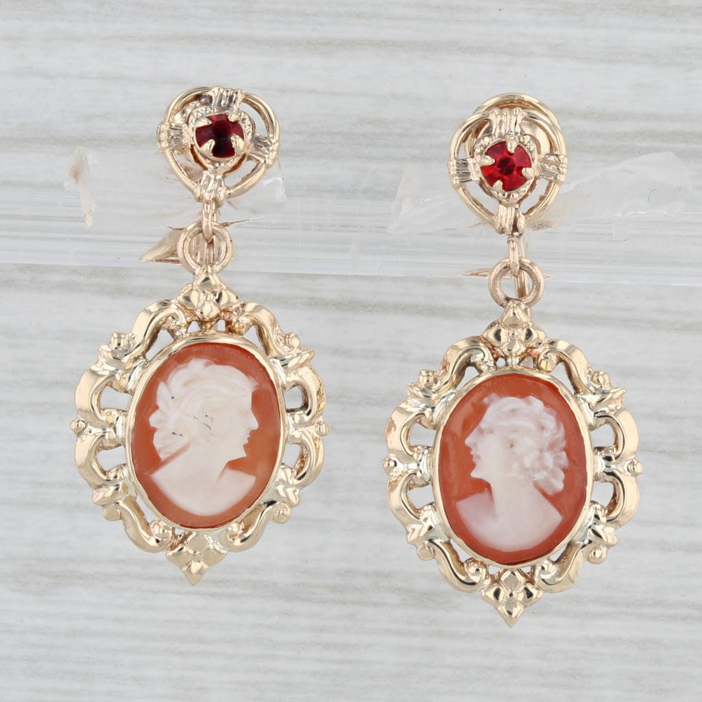 Light Gray Cameo Carved Shell Lab Created Ruby Dangle Earrings 10k Yellow Gold Screw Back