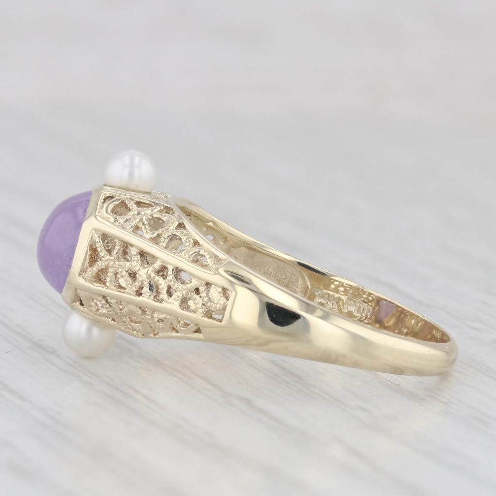 Light Gray Amethyst Cabochon Cultured Pearls Ring 14k Yellow Gold Filigree Size 9