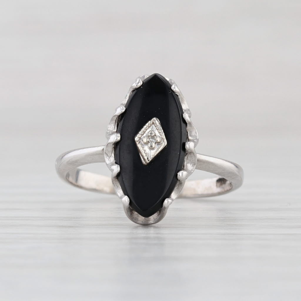 Vintage Navette Onyx Diamond Signet Ring 10k White Gold Size 7