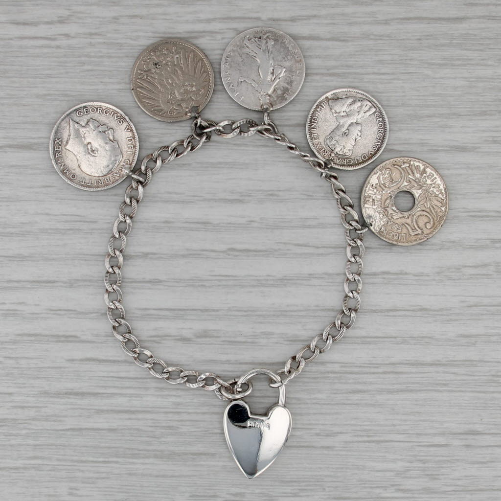 European Coin Charm Bracelet Sterling Silver Curb Chain 6.75"