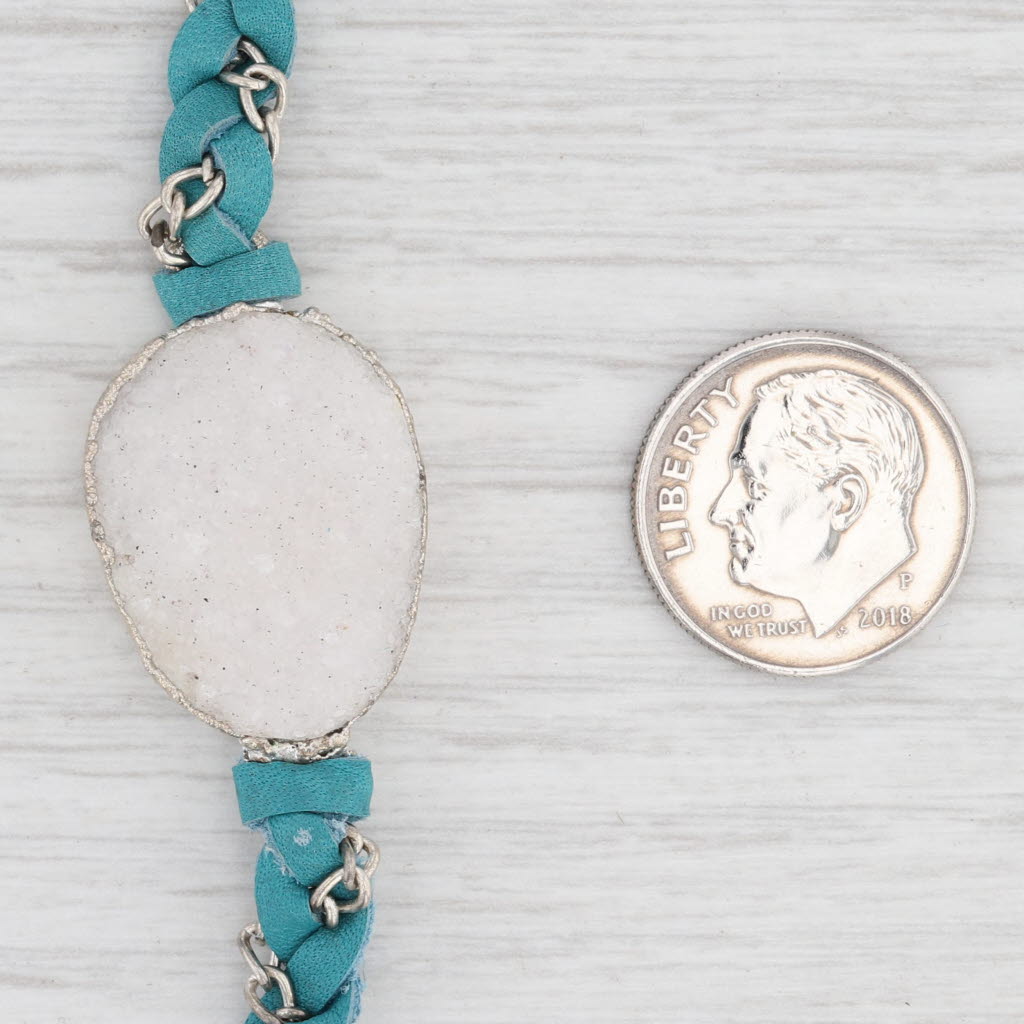New Nina Wynn Necklace Cordelia Teal Leather White Druzy Quartz Pendant