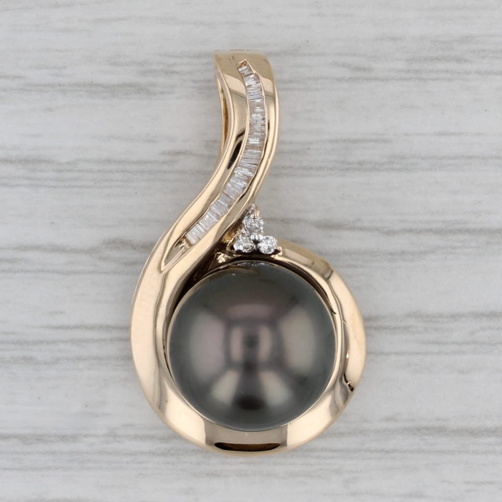 Gray Cultured Black Pearl Diamond Teardrop Enhancer Pendant 14k Gold Clip Bail