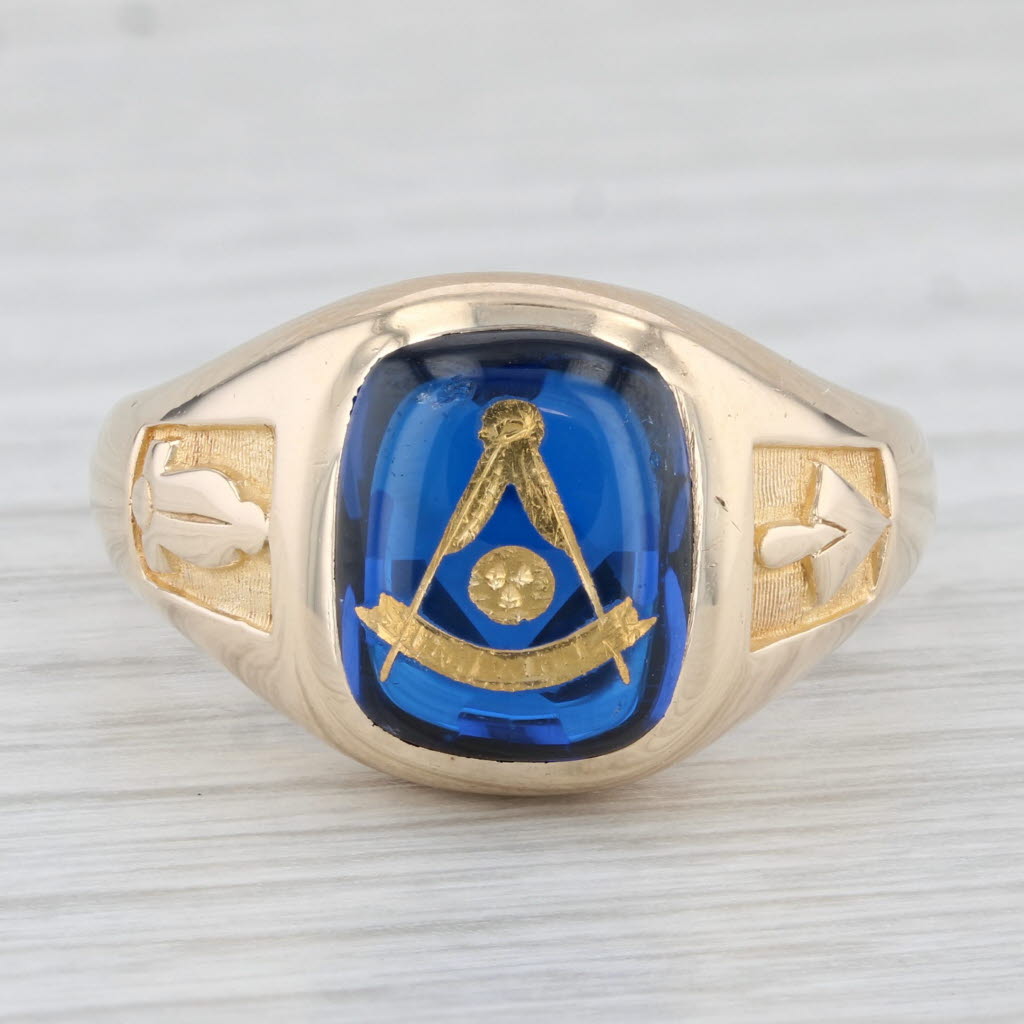 Light Gray Vintage Lab Created Spinel Past Master Mason Ring 10k Yellow Gold Size 10.25