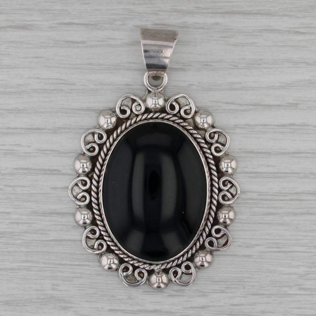 Black Onsidian Glass Pendant Sterling Silver Large Statement Ornate Taxco Mexico