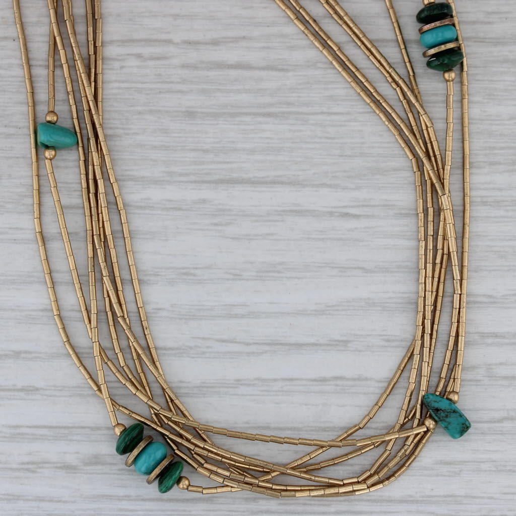 Dark Gray Turquoise Malachite Liquid Silver Bead Chain Necklace Sterling Gold Plated 25"