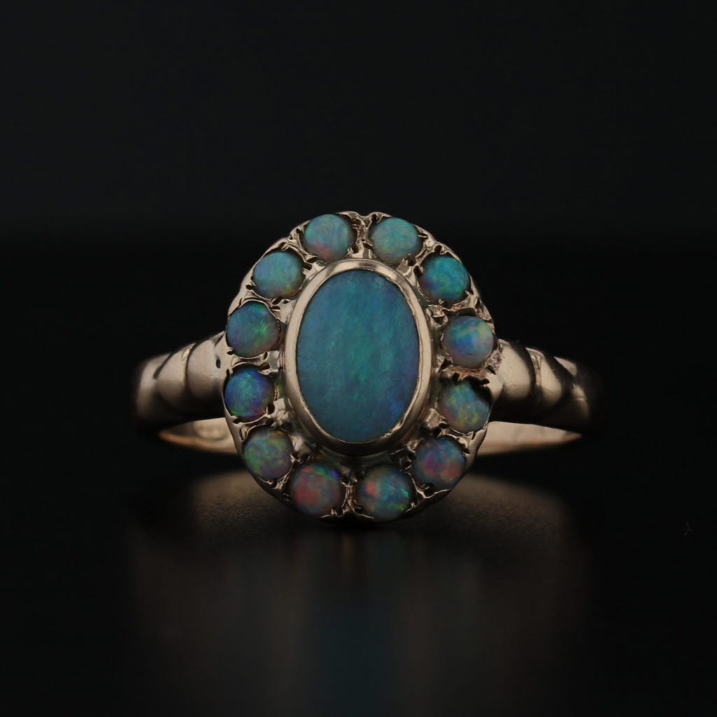 Black Antique Opal Cabochon Halo Ring 10k Yellow Gold Size 6