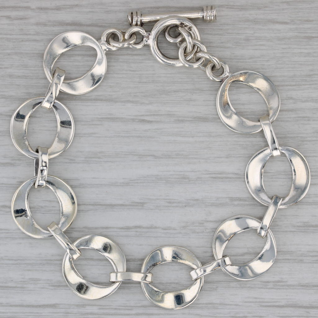 Dark Gray Circle Link Statement Bracelet Sterling Silver 7" 16mm