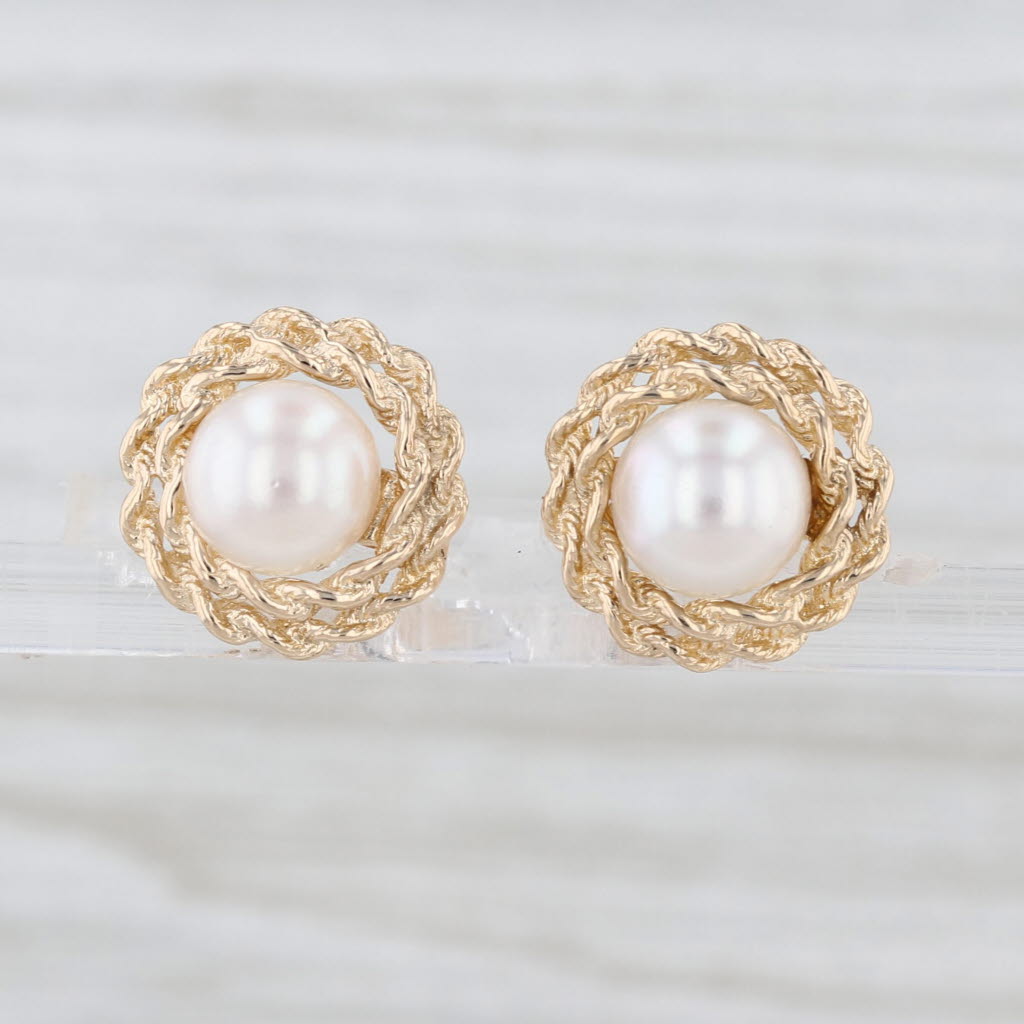 Saltwater Cultured Pearl Rope Frame Stud Earrings 14k Yellow Gold Round Studs