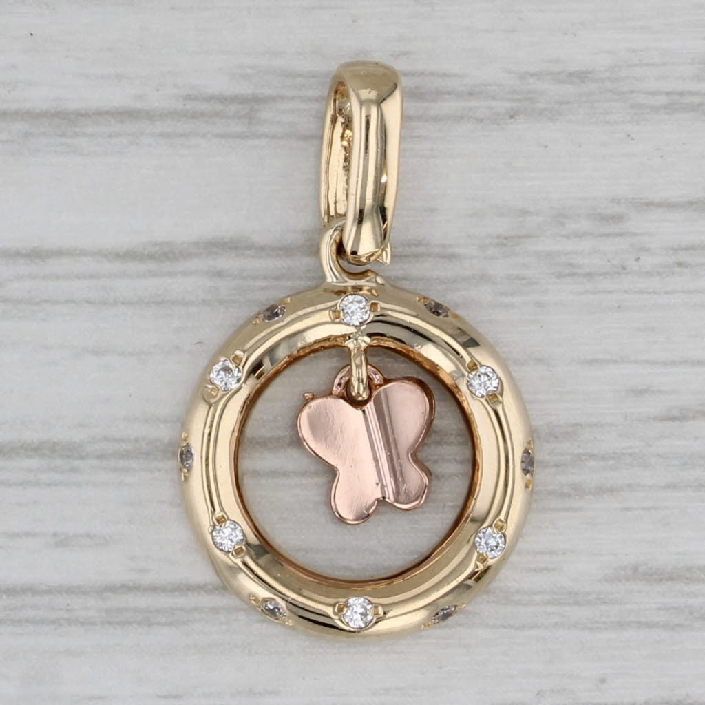 Gray Cubic Zirconia Floating Butterfly Circle Pendant 14k Yellow Rose Gold
