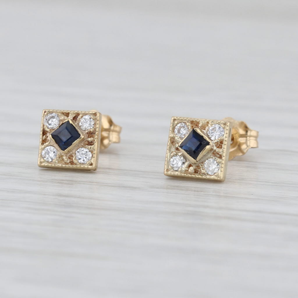 0.22ctw Blue Sapphire Diamond Stud Earrings 14k Yellow Gold Small Square Studs
