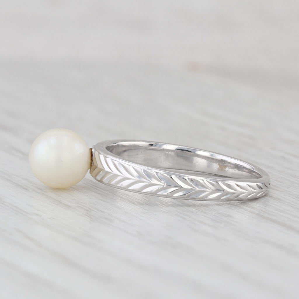 Light Gray 6.2mm Cultured Pearl Solitaire Ring 14k White Gold Wheat Etched Band
