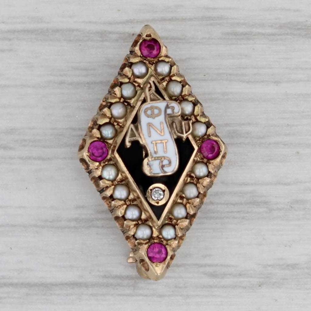 Gray Kappa Alpha Psi Badge 10k Gold Diamond Pearls Synthetic Rubies Fraternity Pin