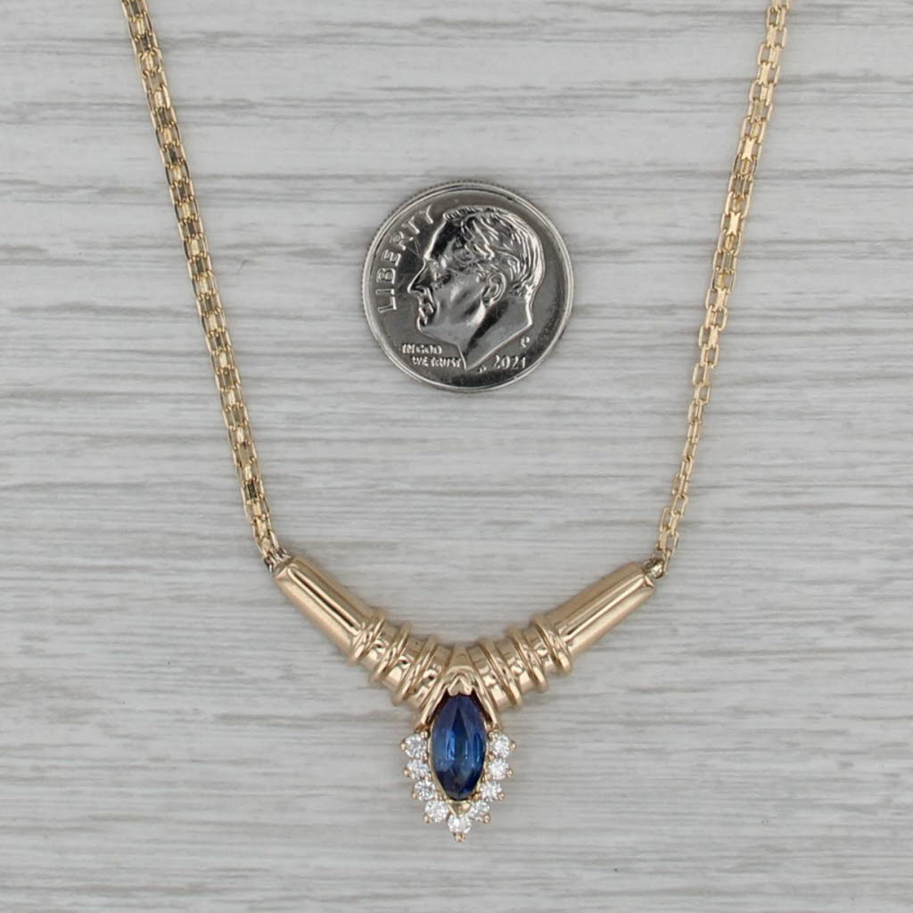 1.20ctw Blue Sapphire Halo V Necklace 14k Yellow Gold 18" Bismack Chain