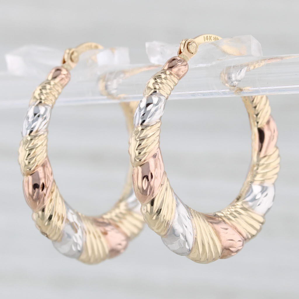 Light Gray New Tri-Toned Twist Hoop Earrings 14k Yellow White Rose Gold Round Hoops