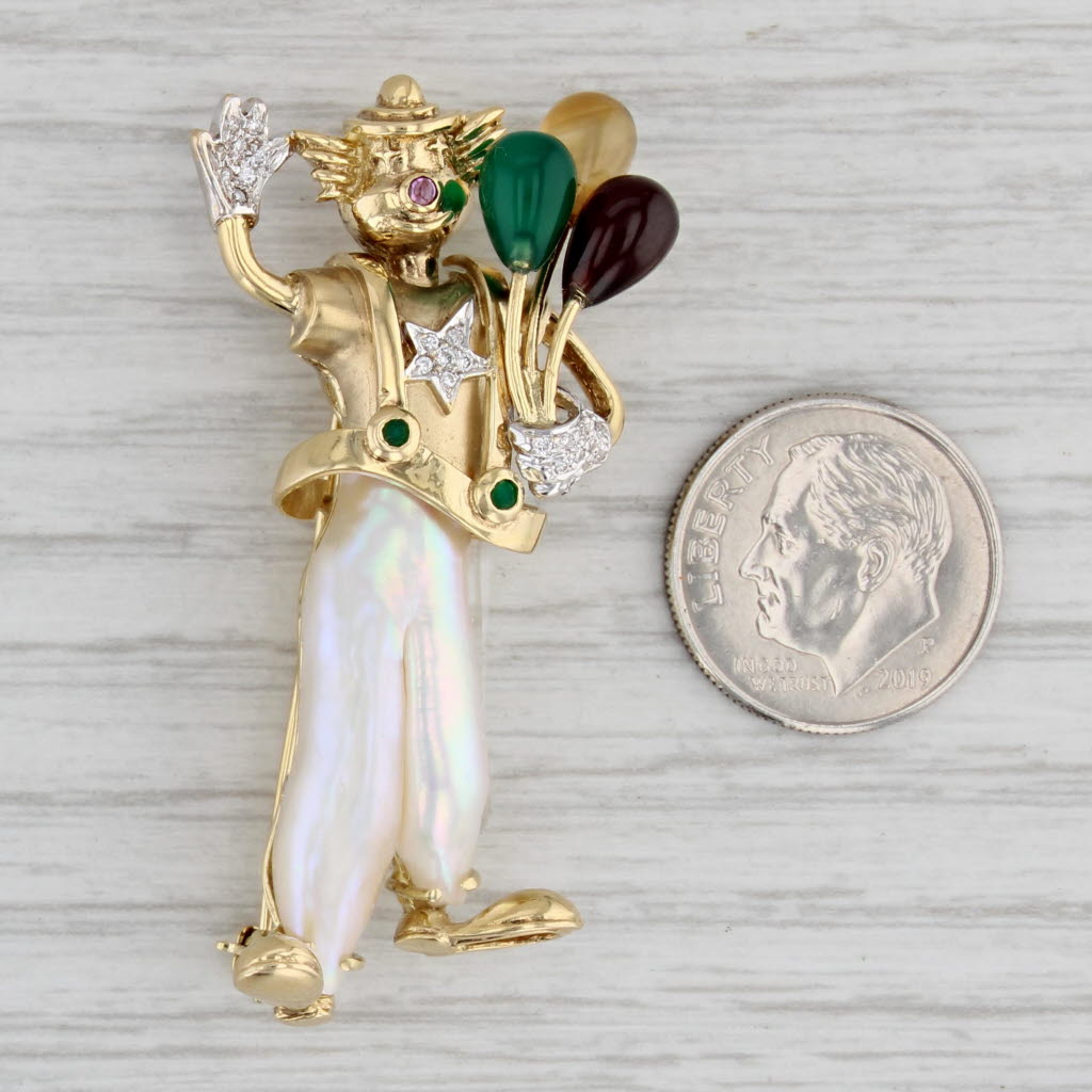 Gray Clown Balloons Brooch 18k Gold Diamond Citrine Emerald Cultured Pearl Yvel Pin