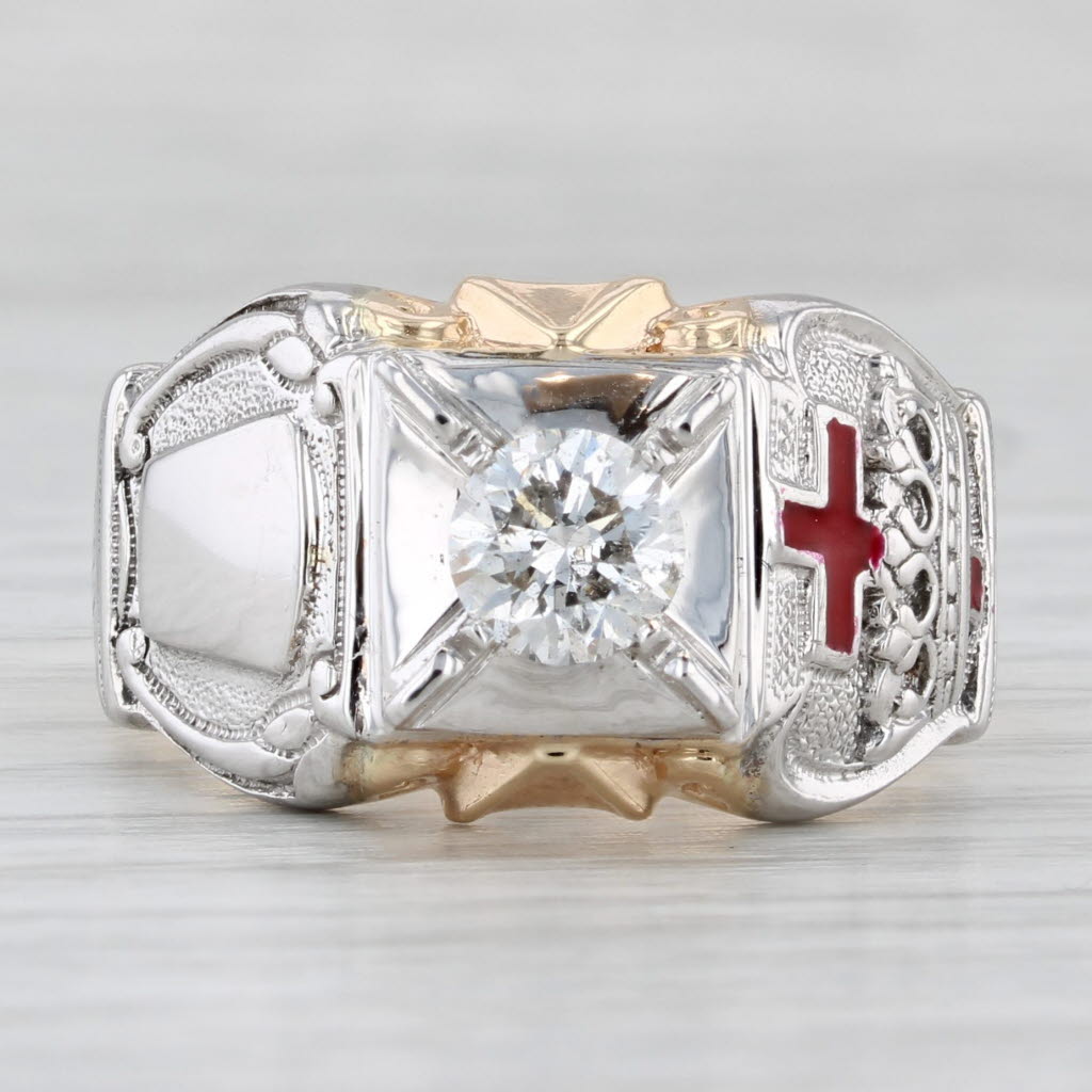 Light Gray 0.93ct Diamond Masonic Royal Arch Knights Templar Ring 14k Gold Size 11.5